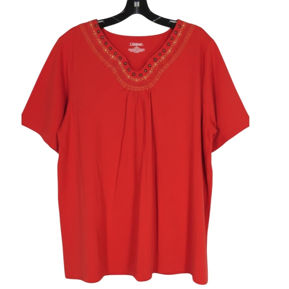 LIZ & ME For CATHERINES Dark Orange BEADED METALLIC V-NECK Blouse/Top 1X 18/20W